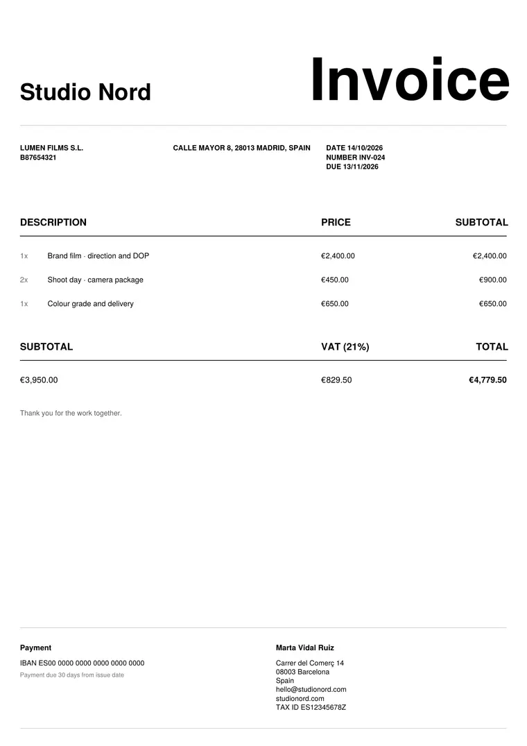 Invoice in the Studio design